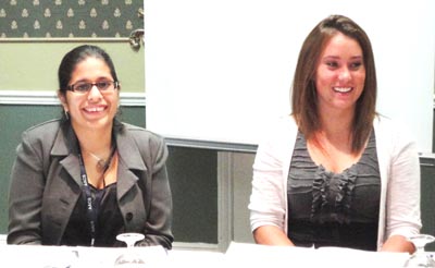 Photograph of University of Tampa Sociology Majors, Ms. Christine Fenandez (left), and Ms. Jillian Palmer (right), a student enrolled in the Concentration in Applied Sociology, presenting  their evaluation research on preventative programs for children, sponsored by Champions for Children (formerly, the Child Abuse Council) of Tampa Bay, Florida, at the 2011 Annual Meeting of the Association for Applied and Clinical Sociology (AACS) in New Orleans, Louisiana.